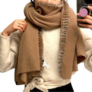 NEW Rudsak LARGE knit oversized boyfriend blanket scarf REAL FUR TRIM brown tan